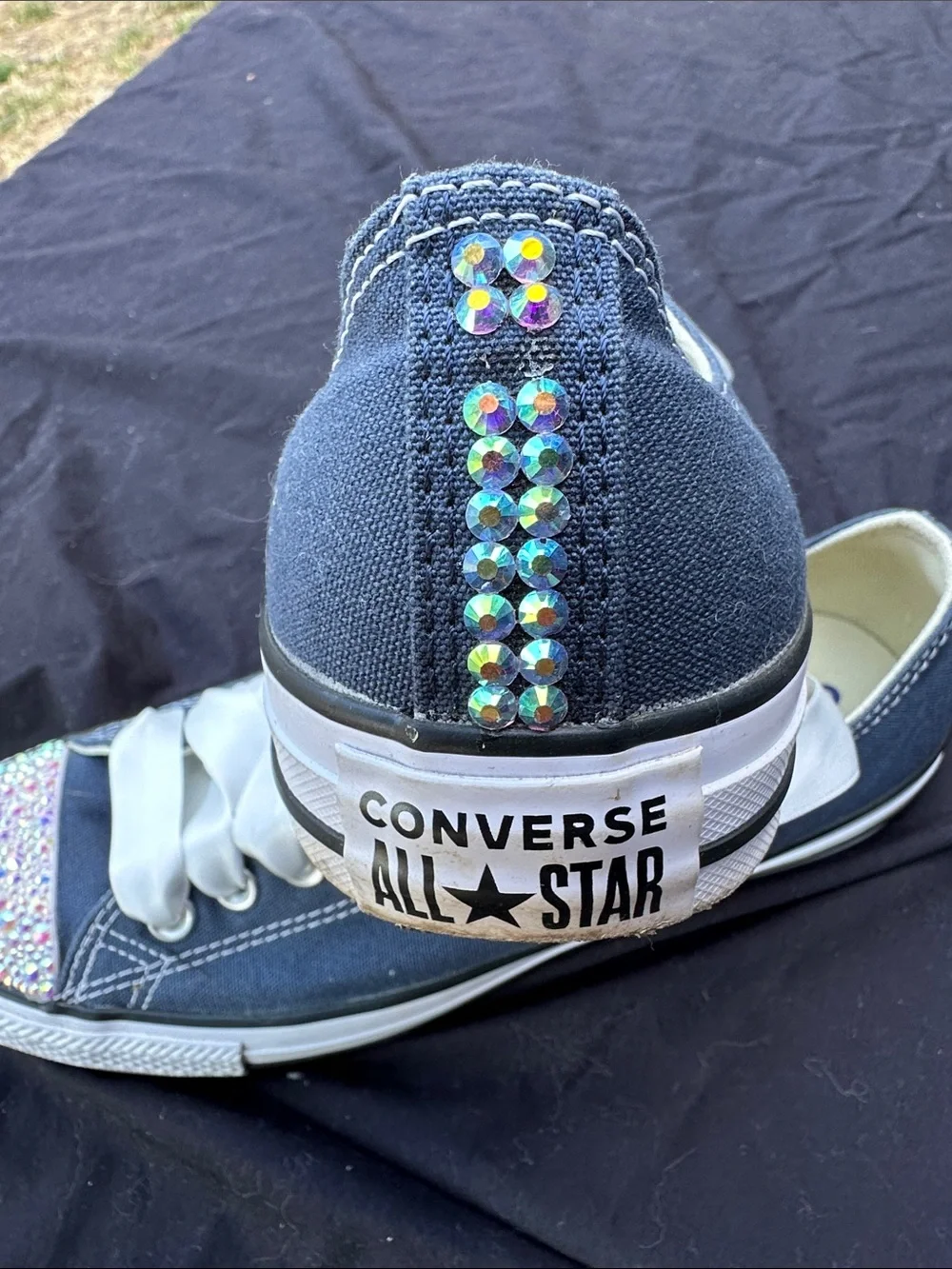 Converse Navy Low Top Sneakers with White Ribbon Laces and Crystal Toes - Picture 3 of 6